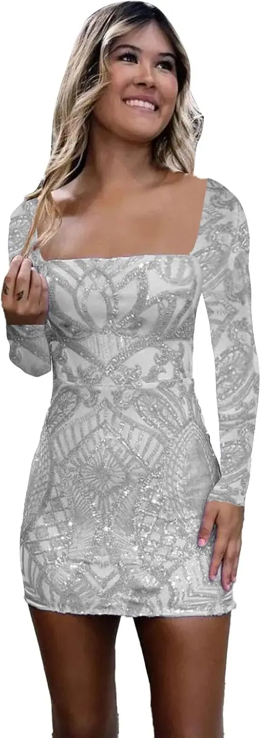 Vestidos de fiesta de manga larga con lentejuelas y encaje para mujer, cortos, ajustados, brillantes, con escote cuadrado, para cóctel o fiesta. 