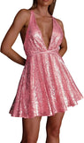 Vestido de lentejuelas para mujer, con tirantes finos, sexy, escote en V profundo, sin espalda, con purpurina, para fiesta, club, estilo patinador, minivestido de cóctel 
