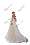 Vestido de novia de corte A con hombros descubiertos, mangas bohemias desmontables, corsé drapeado con cuentas, falda de tul en capas, vestido de novia personalizado 