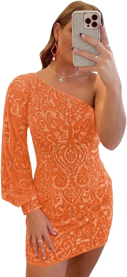 Vestidos de fiesta de encaje con lentejuelas brillantes para adolescentes, mangas abullonadas, un hombro, minivestido de cóctel para graduación, vestidos de noche 