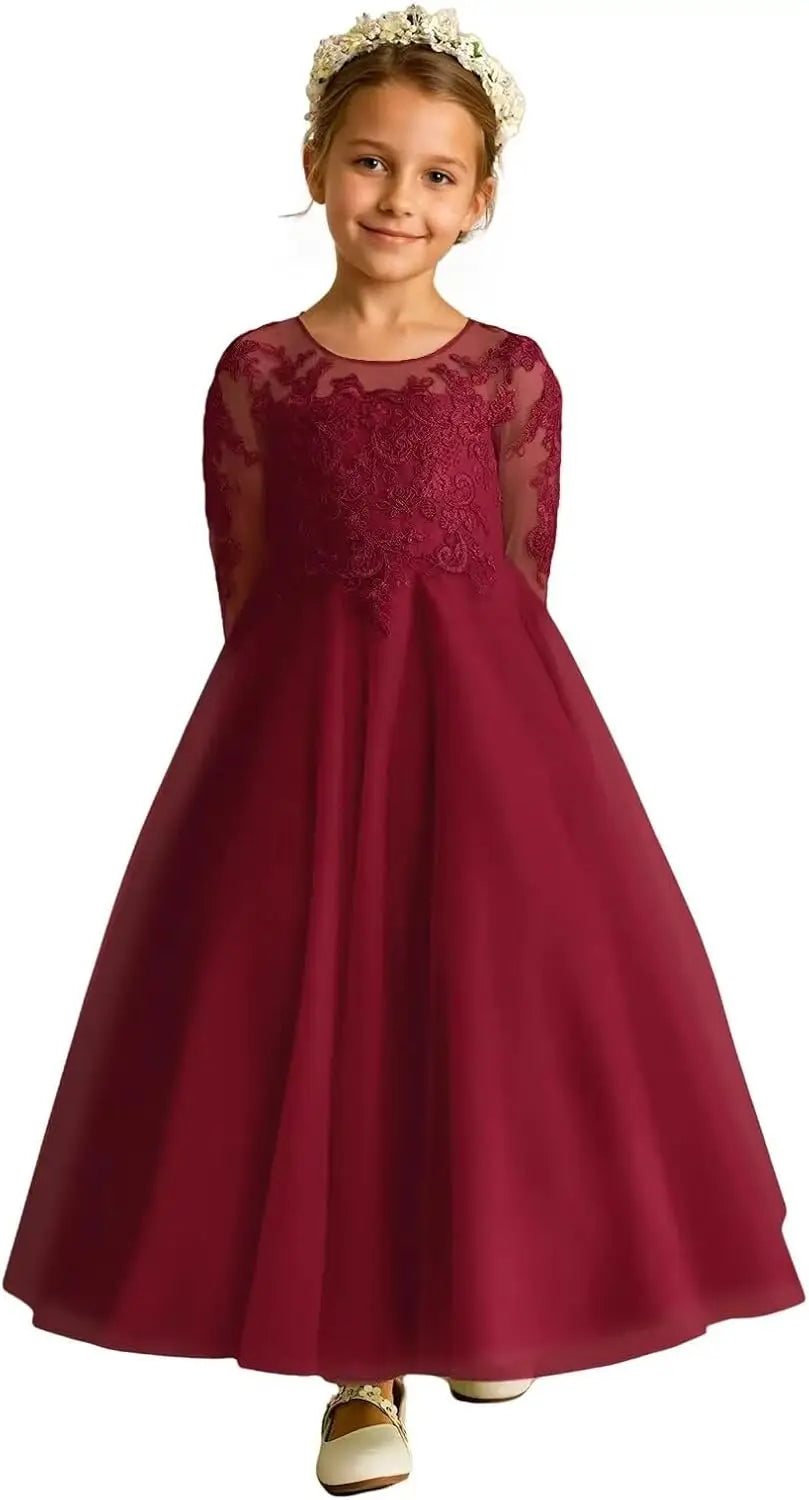 Tulle Lace Appliques Flower Girl Dresses for Wedding Long Sleeve Pageant Dress First Communion Dresses for Girls