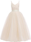 Vestido de tul con tirantes finos para niñas de flores, largo, corte A, para bodas, desfiles, princesas, fiestas de cumpleaños, vestidos de gala 