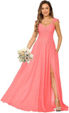Women's Cap Sleeves Chiffon Bridesmaid Dresses Long with Pockets Ruffle Formal Evening Dresses with Slit Wedding Party Gowns