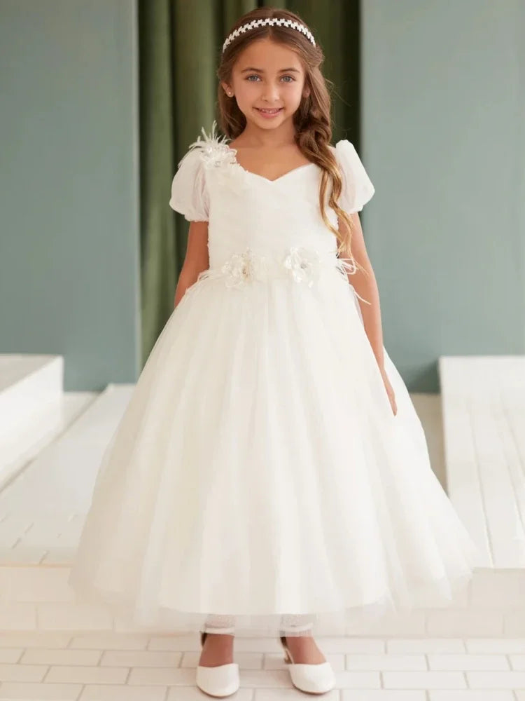 Birthday Party Holy Communion Gowns Customized Flower Girl Dresses Ivory Flowers Appliques With Bow Short Sleeve  For Wedding