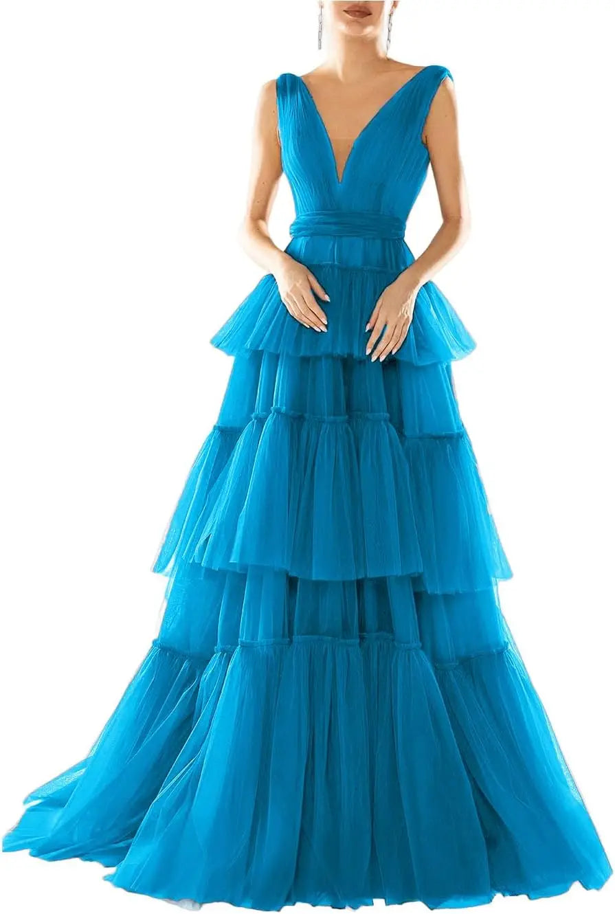 Vestidos de fiesta largos con escote en V doble para mujer, 2025, de tul escalonado, corte A, plisados, formales, para fiesta de noche. 