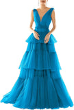 Vestidos de fiesta largos con escote en V doble para mujer, 2025, de tul escalonado, corte A, plisados, formales, para fiesta de noche. 