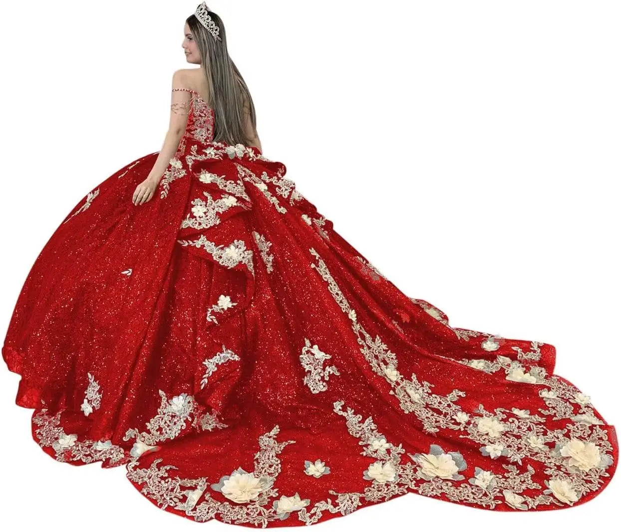 Gold Appliques Quinceanera Dresses with Train Spaghetti Strap Lace Sweet 16 Dresses Layered Ruffles Beaded Ball Gown