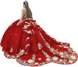 Gold Appliques Quinceanera Dresses with Train Spaghetti Strap Lace Sweet 16 Dresses Layered Ruffles Beaded Ball Gown
