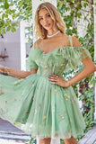 Floral Embroidery Off the Shoulder Mini Homecoming Dresses Sweetheart Tulle Pleats Ruffle Spaghetti Straps Adjustable Prom Dress