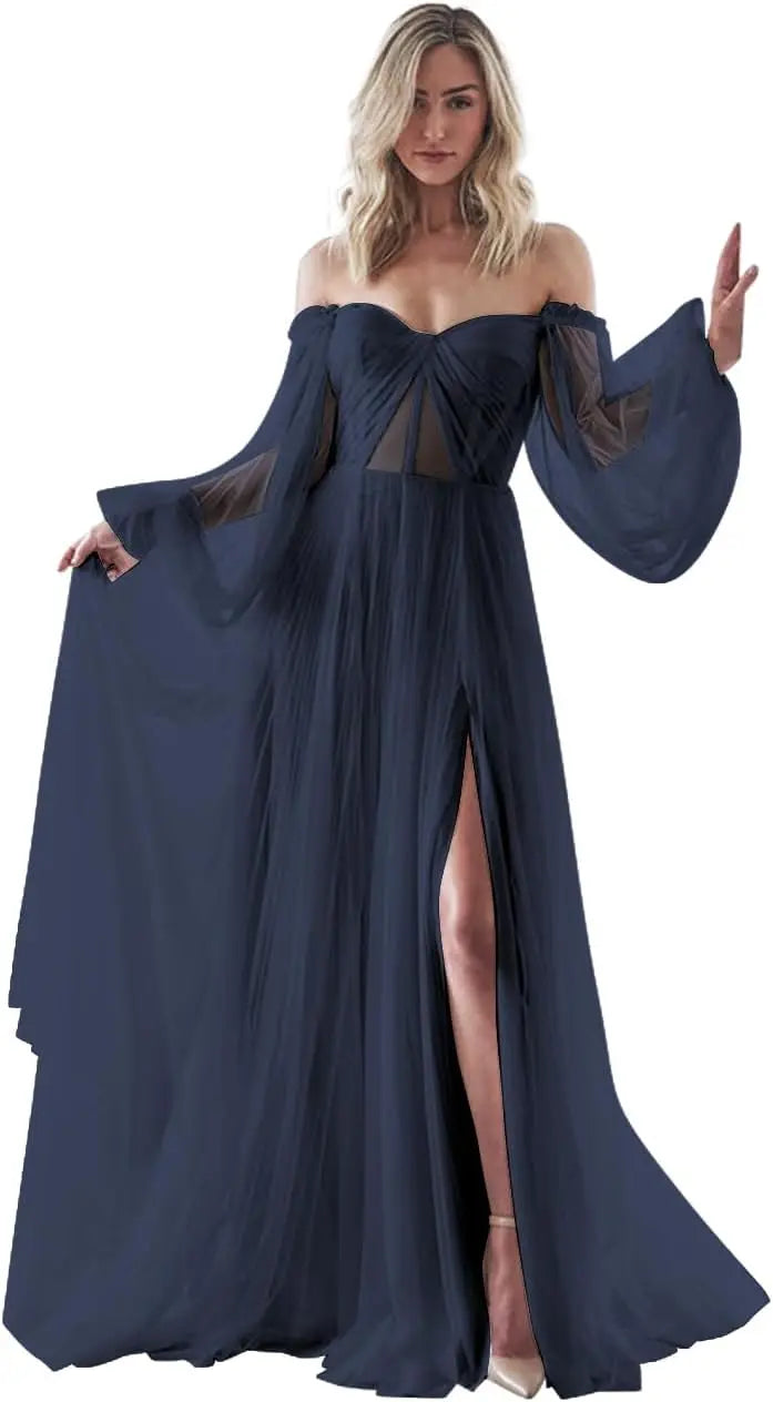 Vestidos de fiesta de manga larga abullonados para mujer, hechos a medida, con abertura en los hombros, de tul, para boda, formales, de noche, transparentes. 