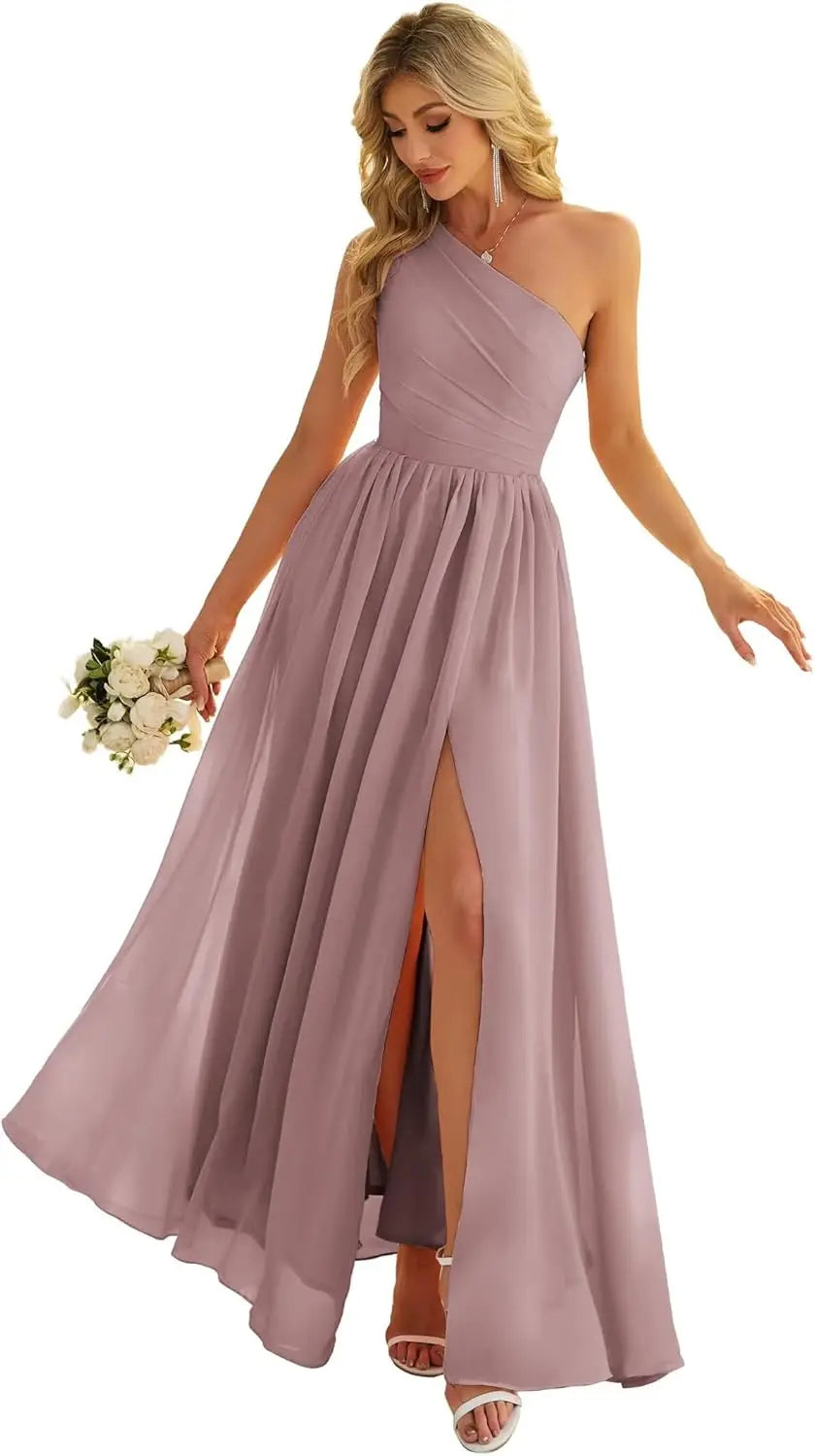 Women's One Shoulder Bridesmaid Dresses for Wedding Chiffon Side Split Reched Formal Evening Dress Sleeveless