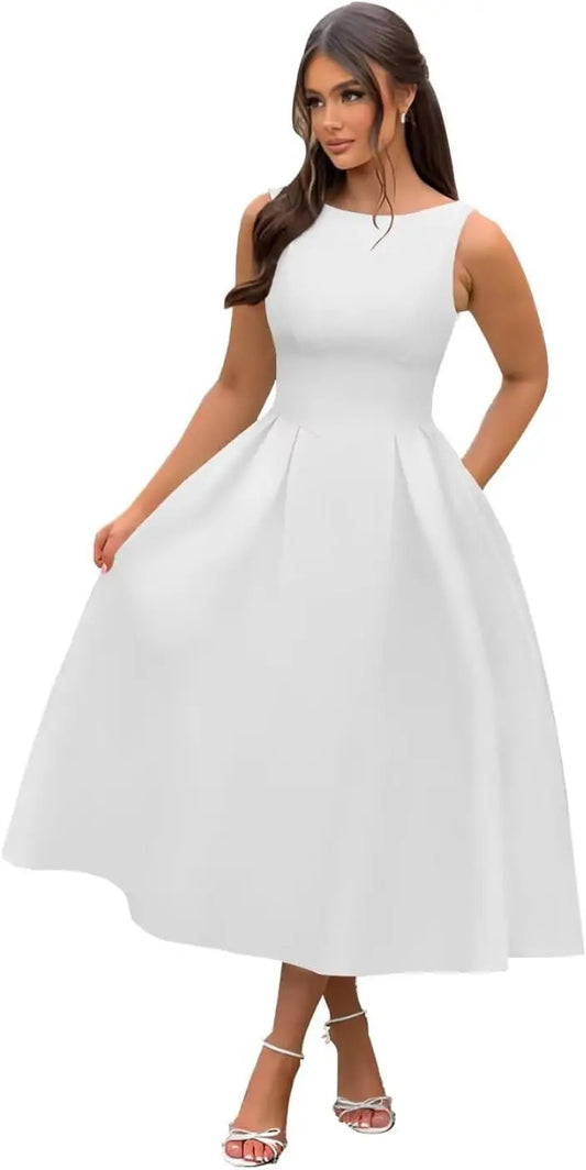 U-Boot-Ausschnitt Satin Midi Ballkleider Tee Länge Scoop Back A-Linie Formelle Abendkleider Cocktailkleid Party 