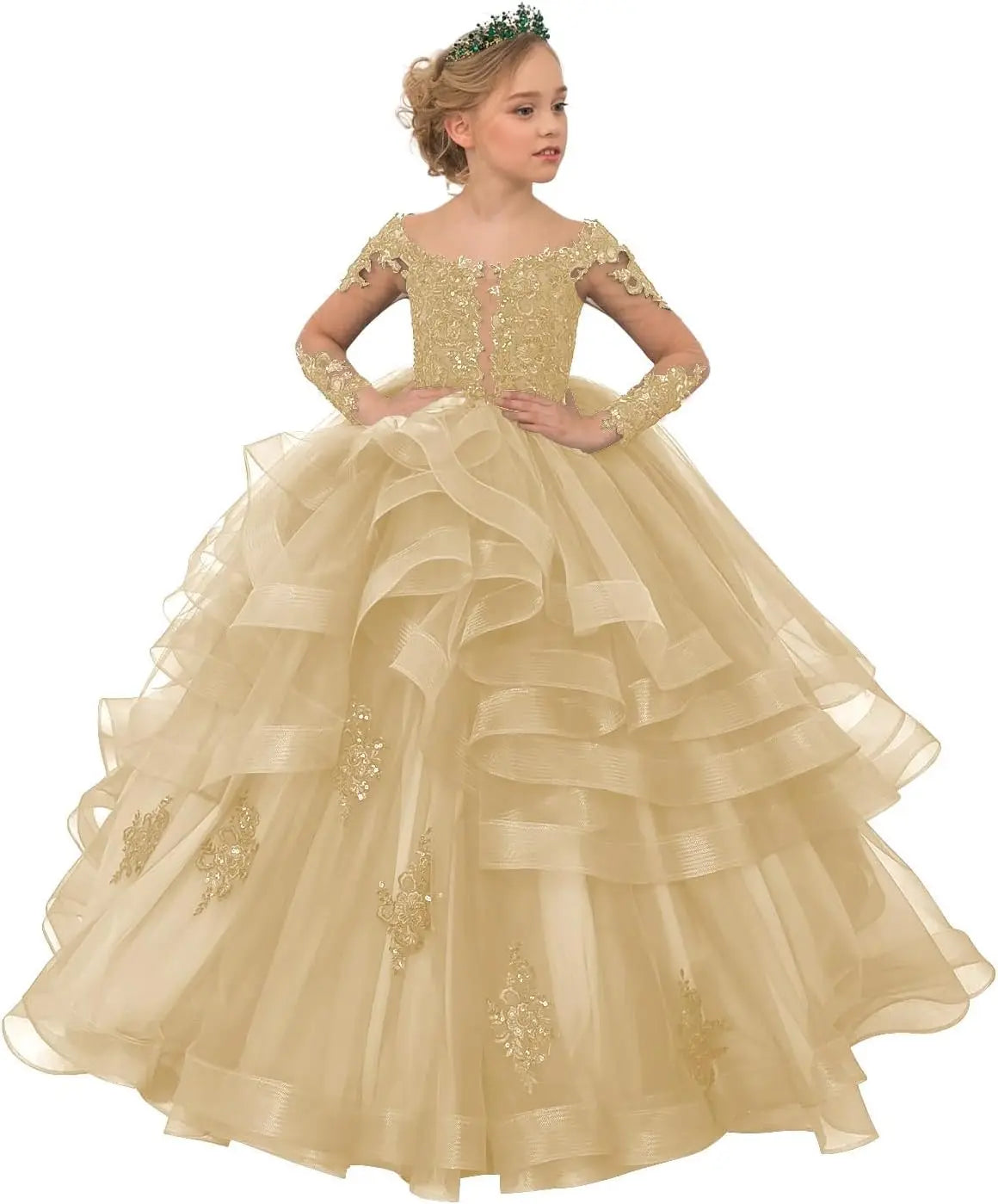 Long Sleeve Flower Girl Dresses Laces Applique Beaded Princess Pageant Dress Beaded Ruffle Tulle Kids Prom Party Gown
