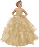 Long Sleeve Flower Girl Dresses Laces Applique Beaded Princess Pageant Dress Beaded Ruffle Tulle Kids Prom Party Gown
