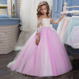 Vestido de tul rosa claro con apliques blancos y manga larga para boda, fiesta de cumpleaños, comunión, personalizado, para niña de las flores 