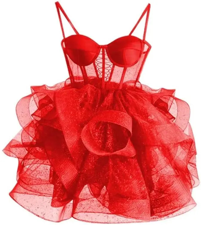 Organza Tüll Homecoming Kleider Spaghettiträger Lagen Kurzes Ballkleid Sweetheart Cocktailkleid Cocktailkleid 