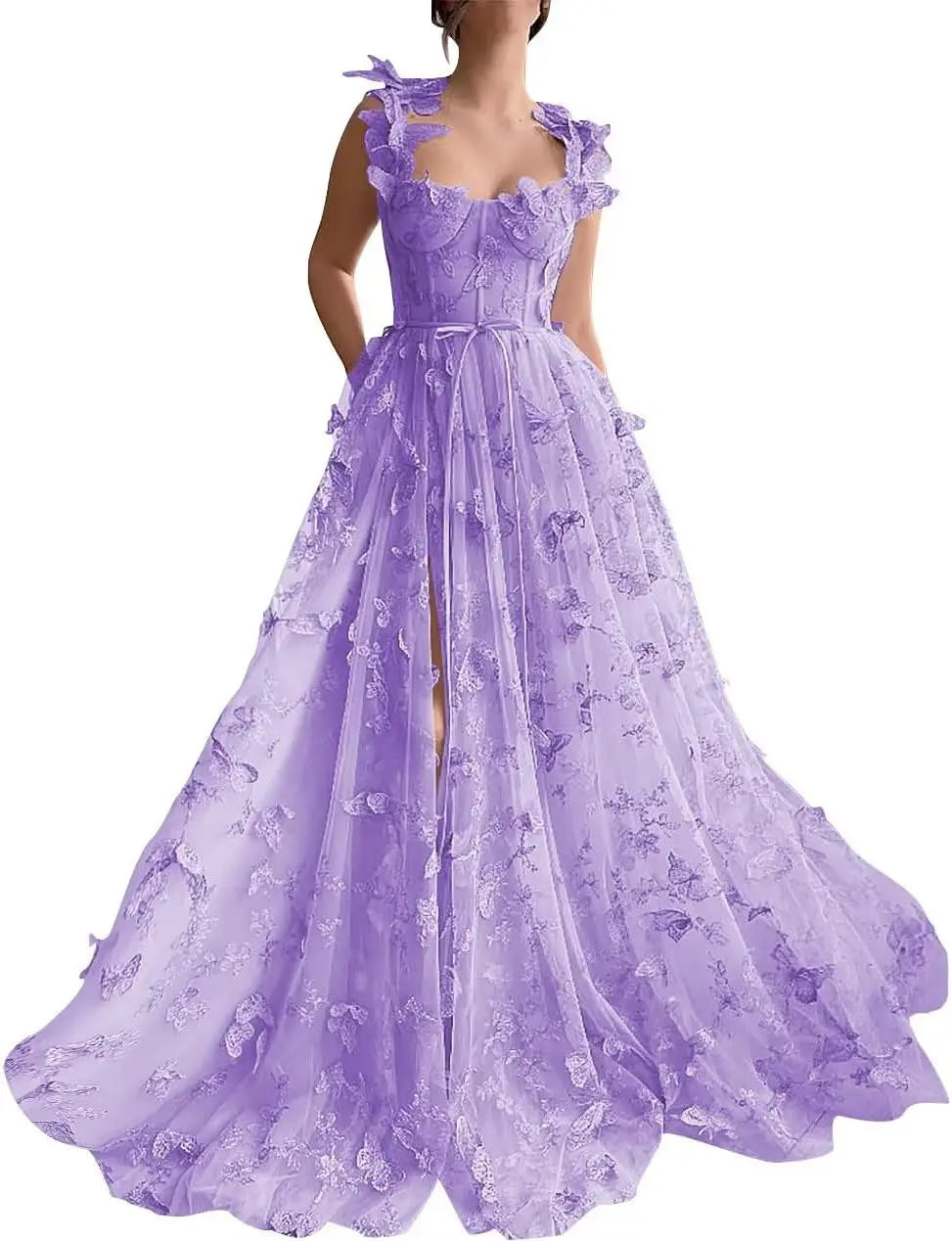 Women's 3D Butterfly Prom Dresses Tulle Ball Gown Fairy Corset Long Slit Lace Applique Formal Evening Dress party dresses