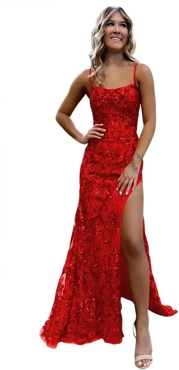 Vestidos de fiesta de sirena con lentejuelas brillantes para mujer, tirantes finos, vestido largo formal de noche con abertura, vestido de fiesta de boda 