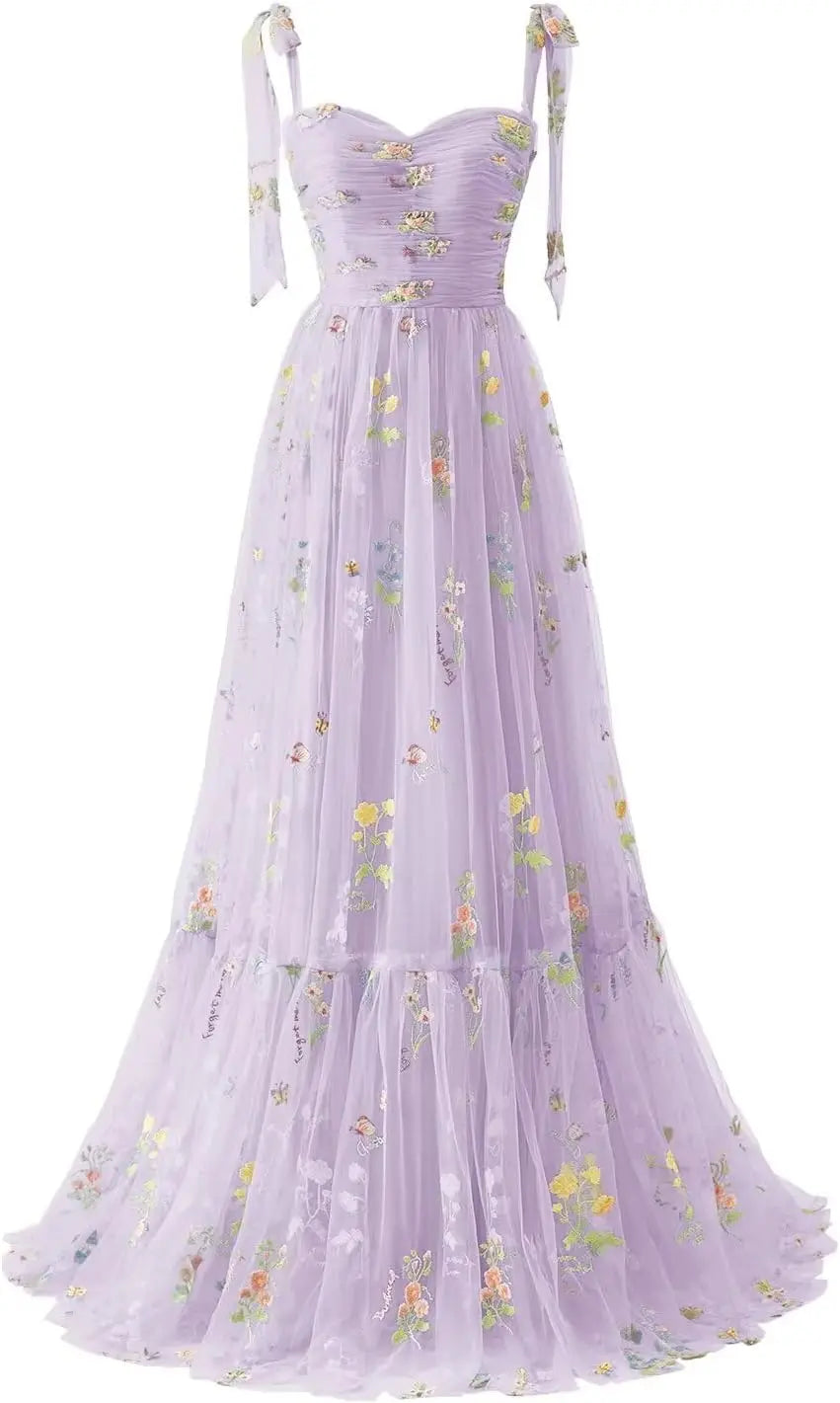 Women's Flower Embroidery Tulle Prom Dresses Corset Long Spaghetti Strap Fairy Ruched Formal Evening Party Gown Bridesmaid Dress