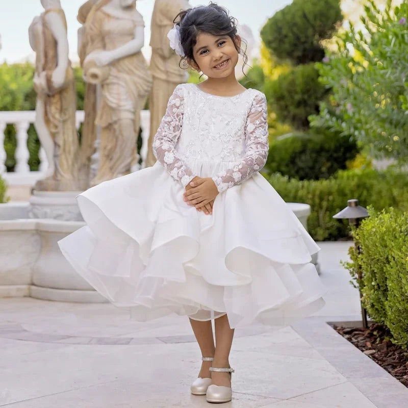 Vestido de comunión para niña de las flores, de satén blanco, con tul y flores escalonadas, apliques con lazo y manga larga para boda. 
