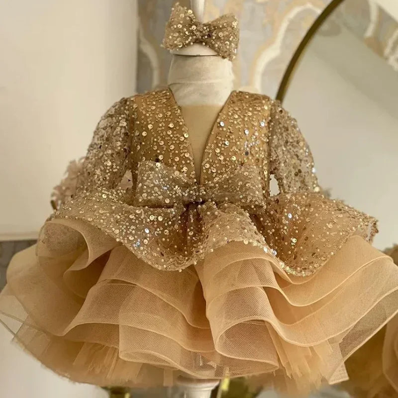 Bonitos vestidos de princesa para fiesta de bodas, personalizados, de organza brillante con lentejuelas y lazo, para niña de las flores. 