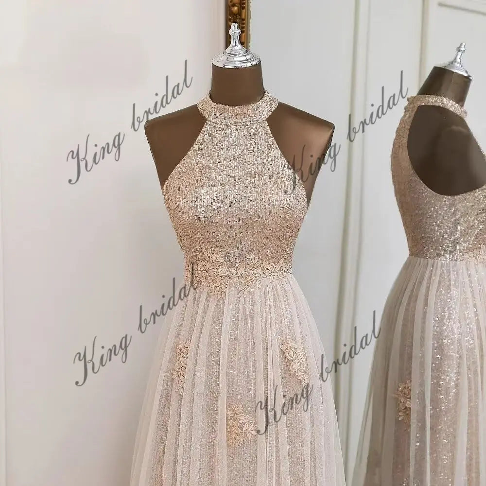 Vestidos de fiesta de lentejuelas con cuello halter y flores, hechos a medida, 2025, de tul brillante, corte A, para boda, fiesta formal de noche 