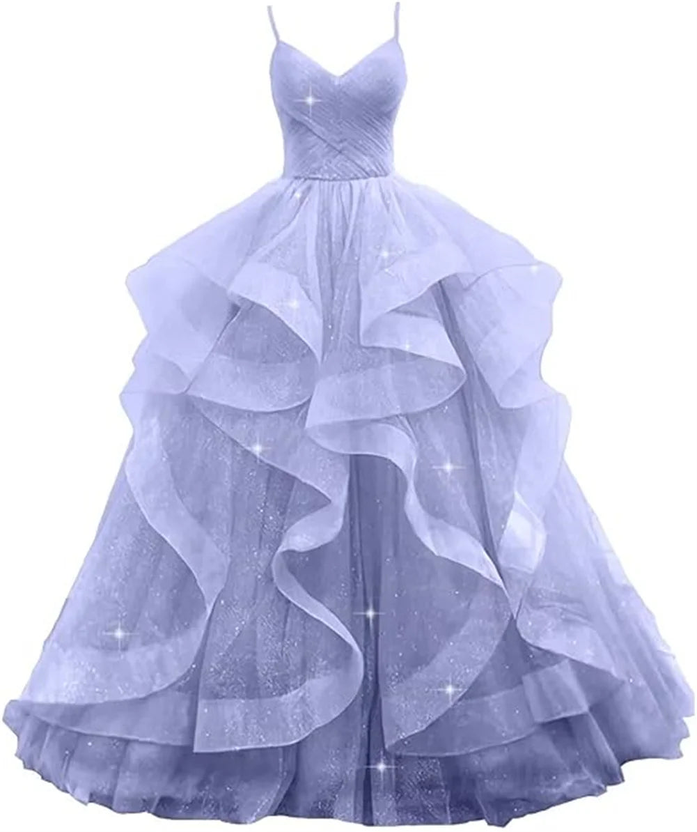 Customized V Neck Glitter Tulle Long Prom Dresses Spaghetti Straps Ball Gown For Women Puffy Tiered Formal Evening Party Dresses