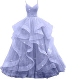 Customized V Neck Glitter Tulle Long Prom Dresses Spaghetti Straps Ball Gown For Women Puffy Tiered Formal Evening Party Dresses