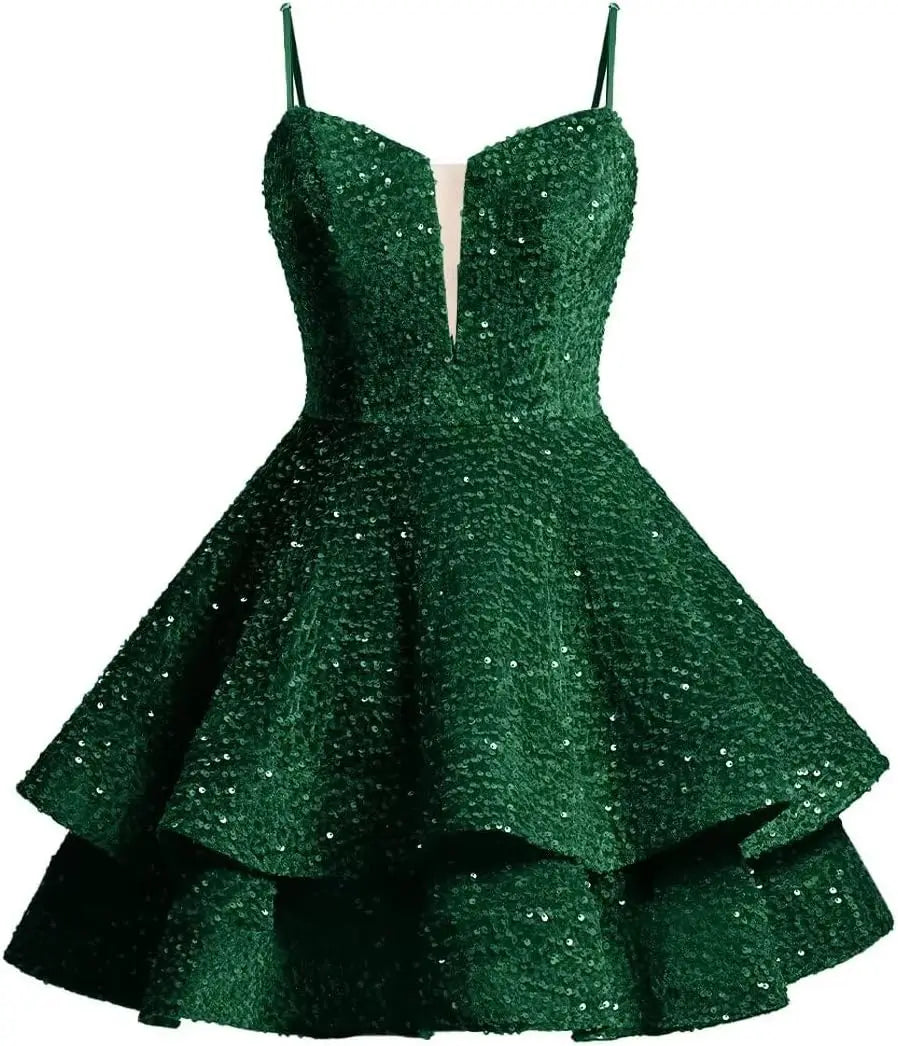 Vestidos de fiesta cortos con lentejuelas brillantes para adolescentes, de Pretty Girls Club, 2025, con tirantes finos, minivestido de cóctel formal con capas 