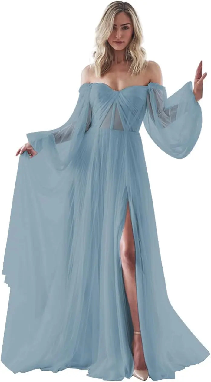 Vestidos de fiesta de manga larga abullonados para mujer, hechos a medida, con abertura en los hombros, de tul, para boda, formales, de noche, transparentes. 