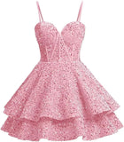 Vestidos de fiesta de graduación con lentejuelas brillantes para adolescentes, tirantes finos, corsé, vestido de cóctel con capas brillantes 
