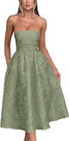 Vestido de fiesta de satén jacquard floral, largo hasta la rodilla, corte A, sin tirantes, con corsé, para dama de honor, para fiesta de noche formal 