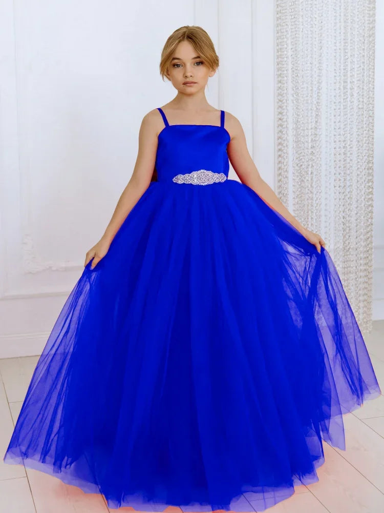 Princess Dress  Birthday Party First Communion Gowns Flower Girl Dresses Red Tulle Diamond Belt With Bow Sleeveless For Wedding