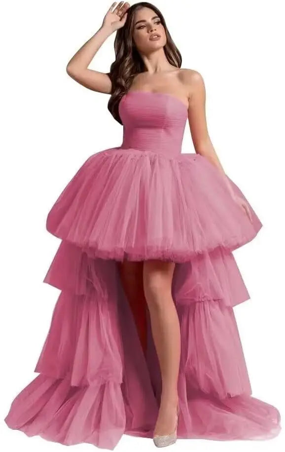 High Low Tüll Ballkleider Lange trägerlose gestufte Abendkleider A-Linie Abendkleid mit Schleppe Partykleider Damen Abend 