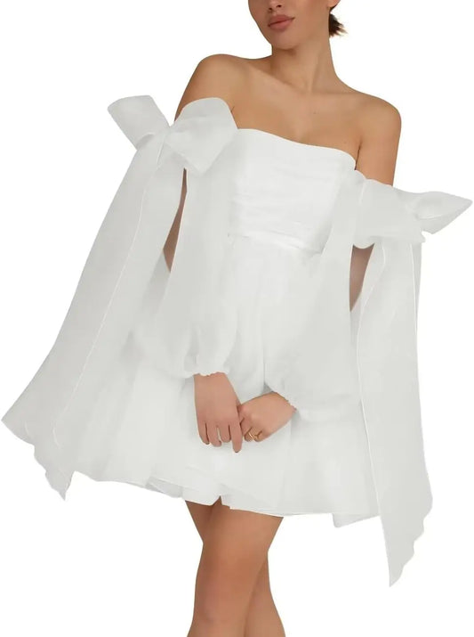 Vestidos de fiesta de organza con hombros descubiertos y lazo, de manga larga, para graduación, de corte A, formales, para cóctel o fiesta. 