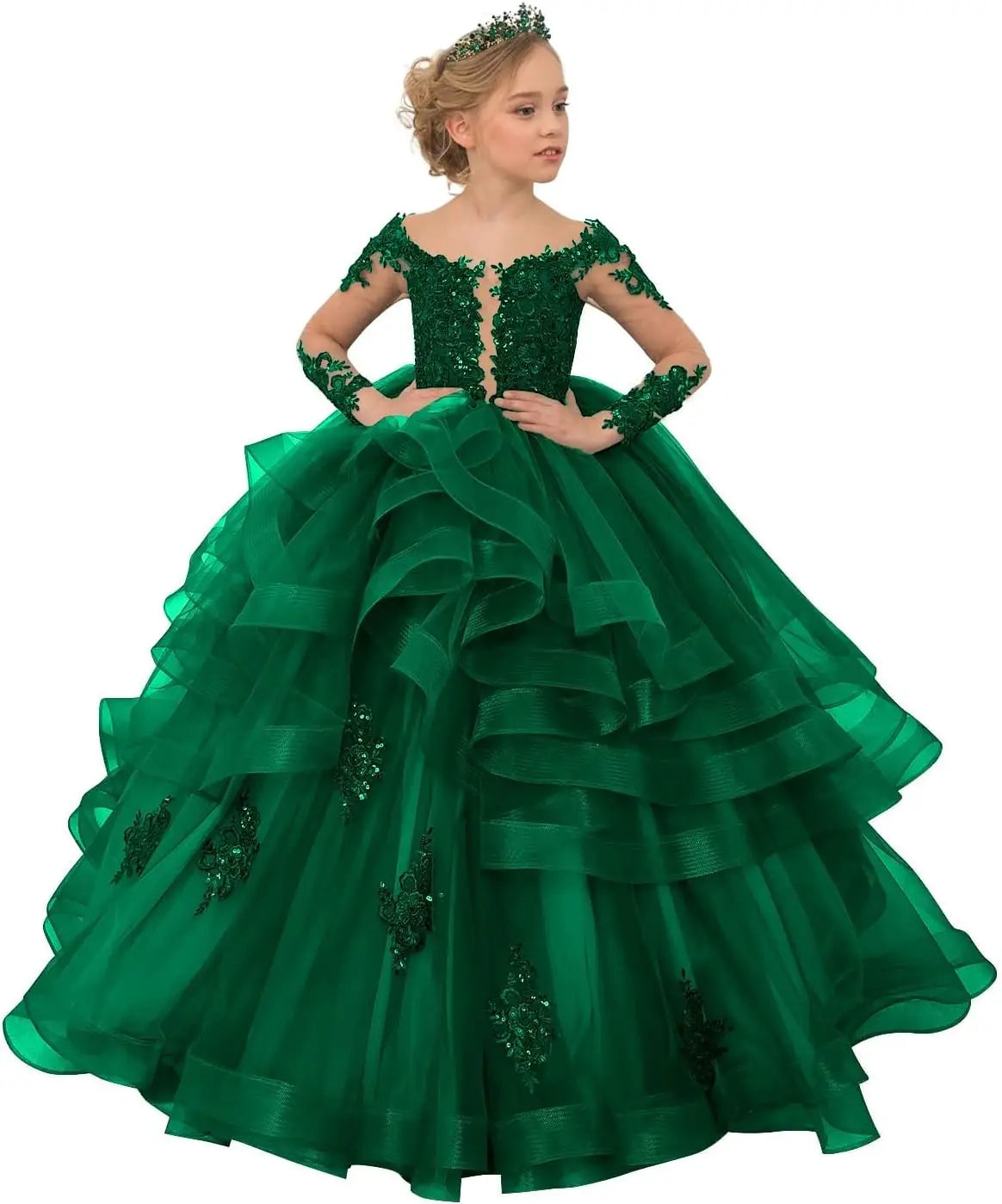 Long Sleeve Flower Girl Dresses Laces Applique Beaded Princess Pageant Dress Beaded Ruffle Tulle Kids Prom Party Gown