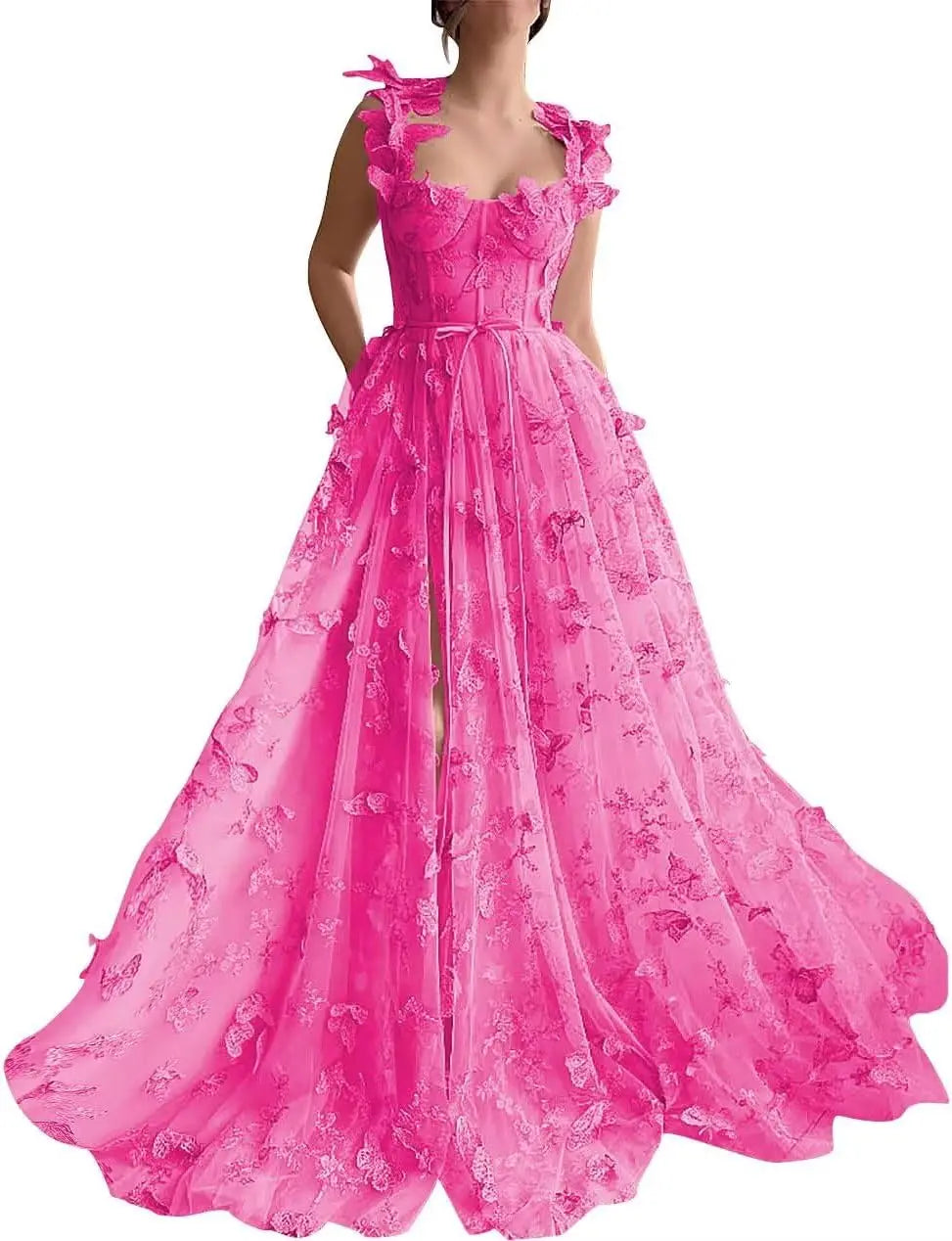 Women's 3D Butterfly Prom Dresses Tulle Ball Gown Fairy Corset Long Slit Lace Applique Formal Evening Dress party dresses