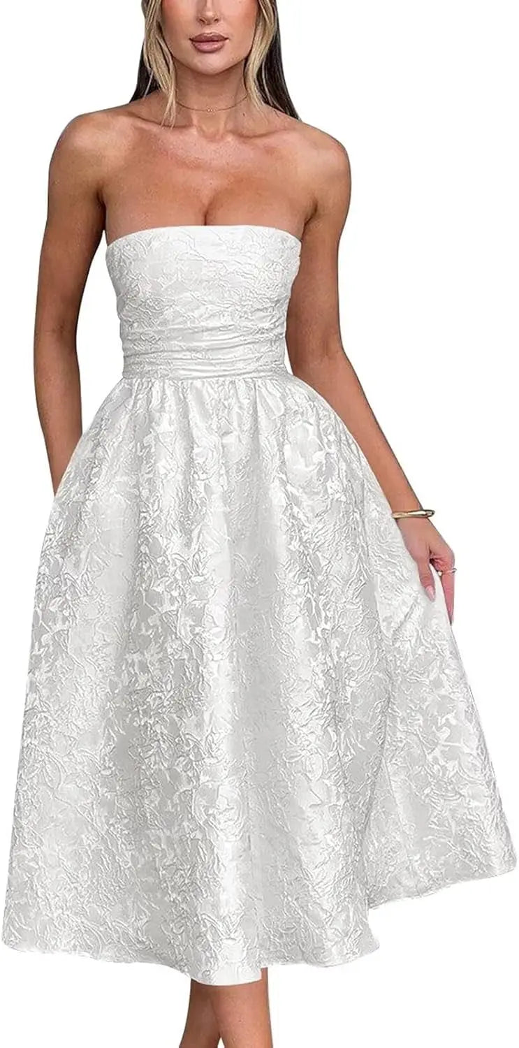 Vestido de fiesta de satén jacquard floral, largo hasta la rodilla, corte A, sin tirantes, con corsé, para dama de honor, para fiesta de noche formal 