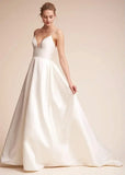 Women's Straps Backless Long Dresses Satin Sleeveless Train Homecoming Prom Evening Party Gowns with Pockets bridal dress