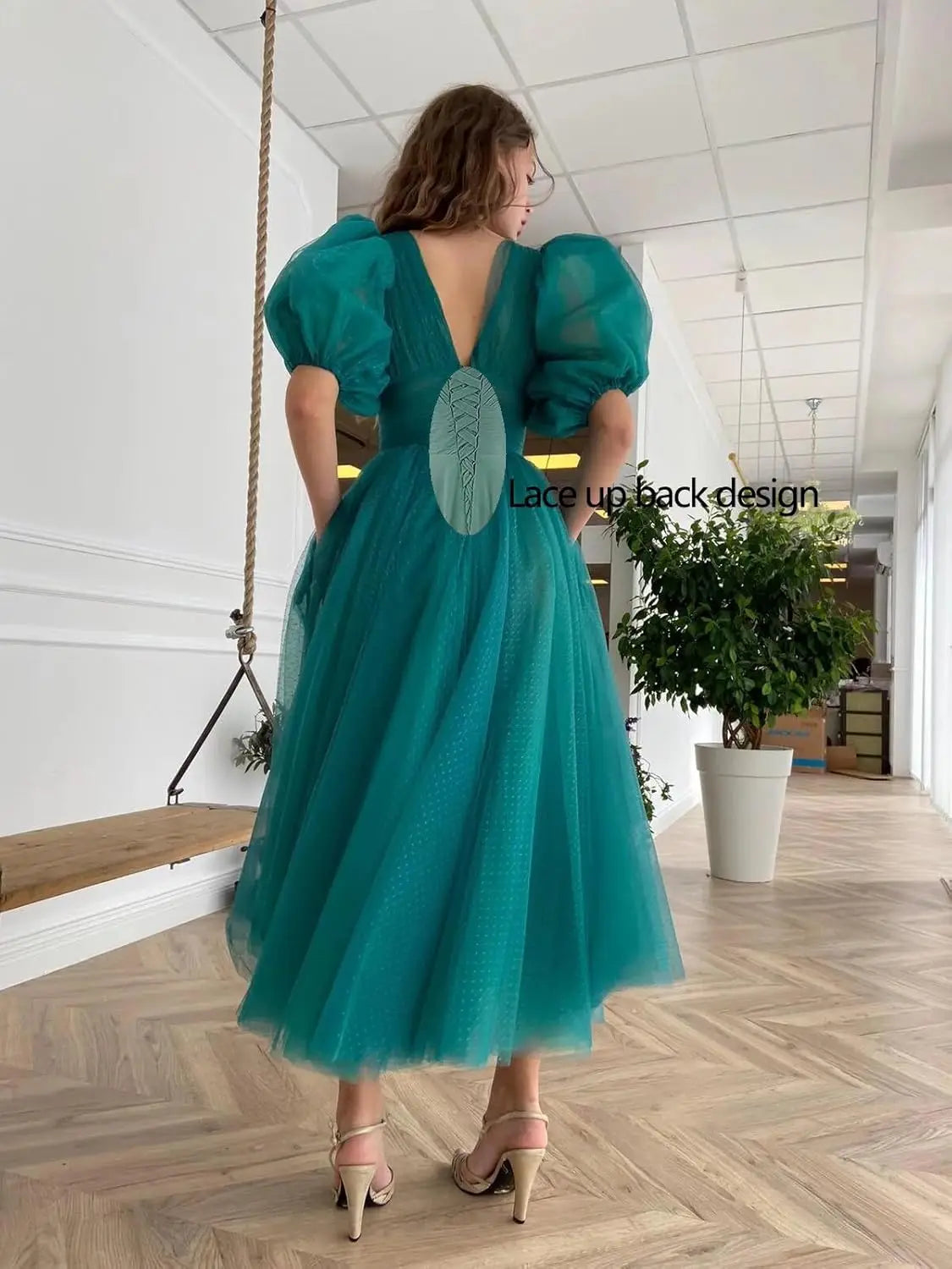 Puffy Sleeve Prom Dresses for Women Dotted Tulle V Neck Formal Evening Party Gowns Tea Length Bridesmaid Dresses