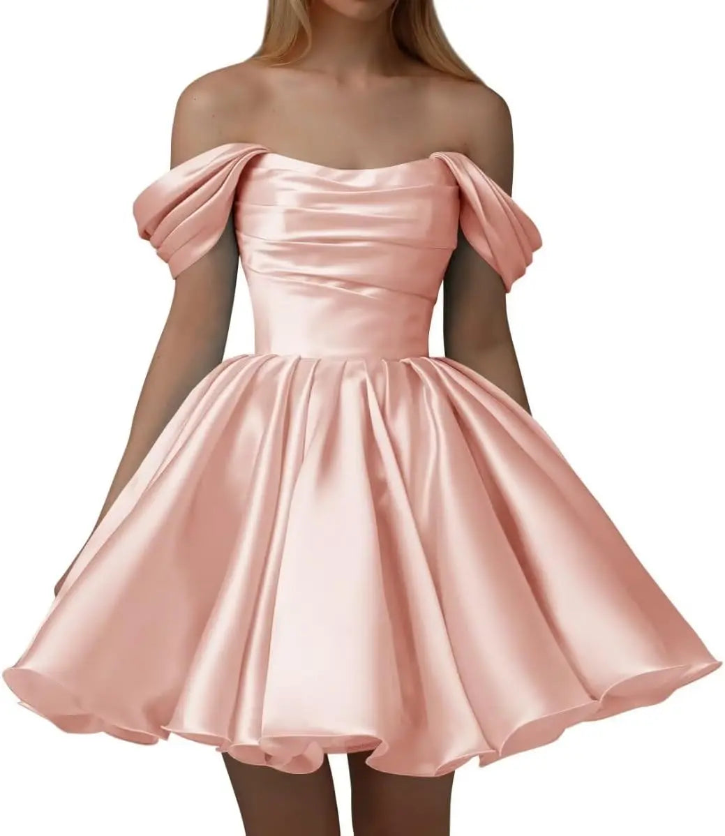 Vestidos de fiesta de satén con hombros descubiertos para mujer, corte A, cortos, plisados, sin tirantes, para boda y fiesta. 