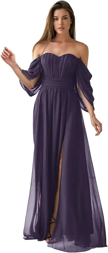 Vestido de dama de honor de talla grande con hombros descubiertos, de gasa, formal, con abertura, elegante, para invitada de boda 