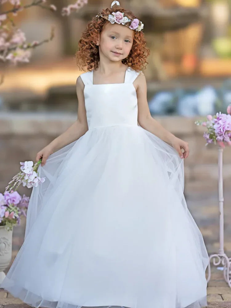 Vestidos de tul blanco sin mangas para bodas, fiestas de cumpleaños, banquetes, princesas, comunión, personalizados, para niñas de las flores. 
