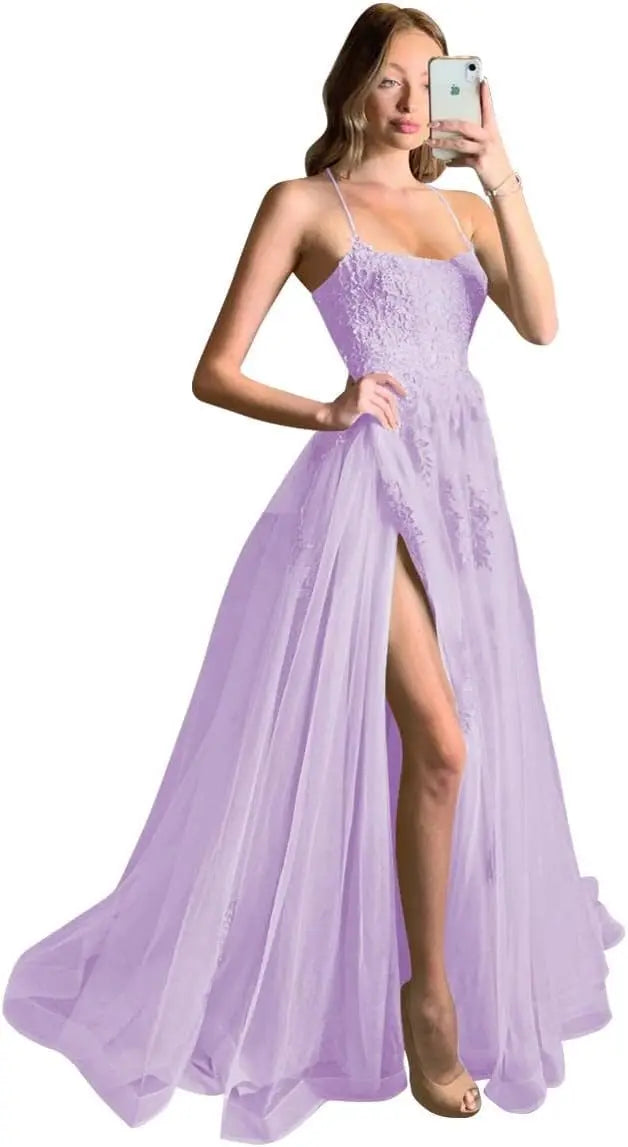 Vestidos de fiesta largos de encaje cruzado con tirantes finos y abertura para mujer 2026. 