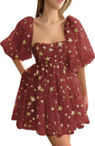 Vestidos de fiesta cortos de tul con estrellas brillantes, hechos a medida, para adolescentes, minivestido de fiesta con estrellas brillantes y mangas abullonadas, vestido formal para club. 
