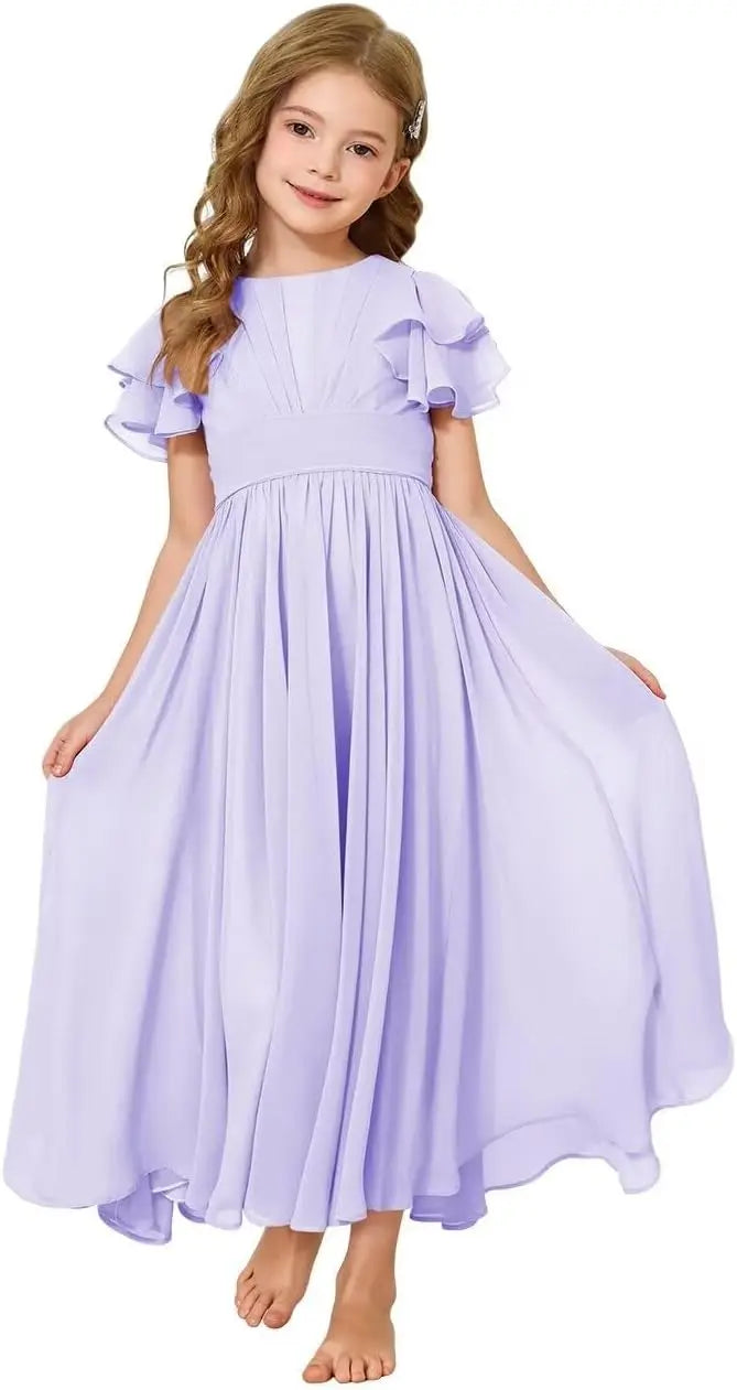 Flower Girl Maxi Dress for Wedding Bridesmaids Flowy Chiffon Teens Ruffle Sleeve Formal Party Pageant Gown princess dress