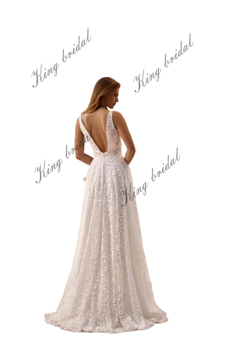 Vestido de novia de encaje floral con espalda abierta y corte A | Vestido de novia a medida, vestido de novia sencillo, vestido de novia blanco 