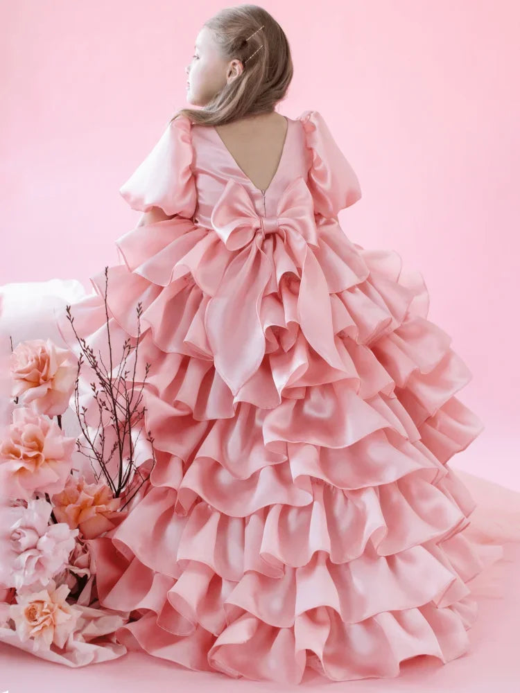 Beige Tiered With Bow And Tailing Short Sleeve For Wedding Birthday Party Holy Communion Gowns Customized Flower Girl Dresses