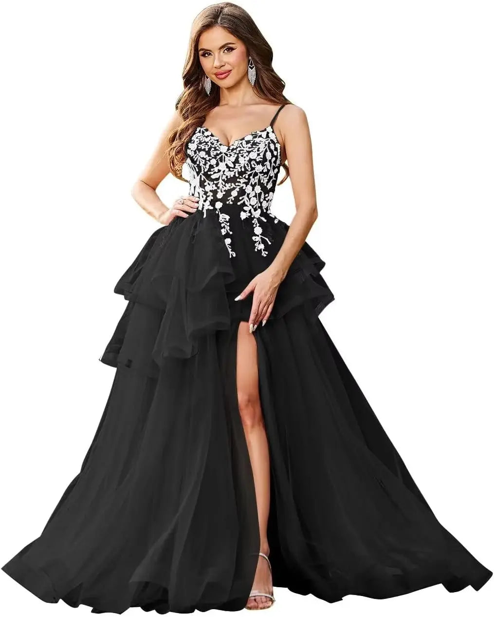 Vestidos de fiesta con apliques de encaje de tul y escote en V con abertura, vestidos de fiesta formales de noche con capas abullonadas, vestidos de baile largos 