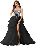 Vestidos de fiesta con apliques de encaje de tul y escote en V con abertura, vestidos de fiesta formales de noche con capas abullonadas, vestidos de baile largos 